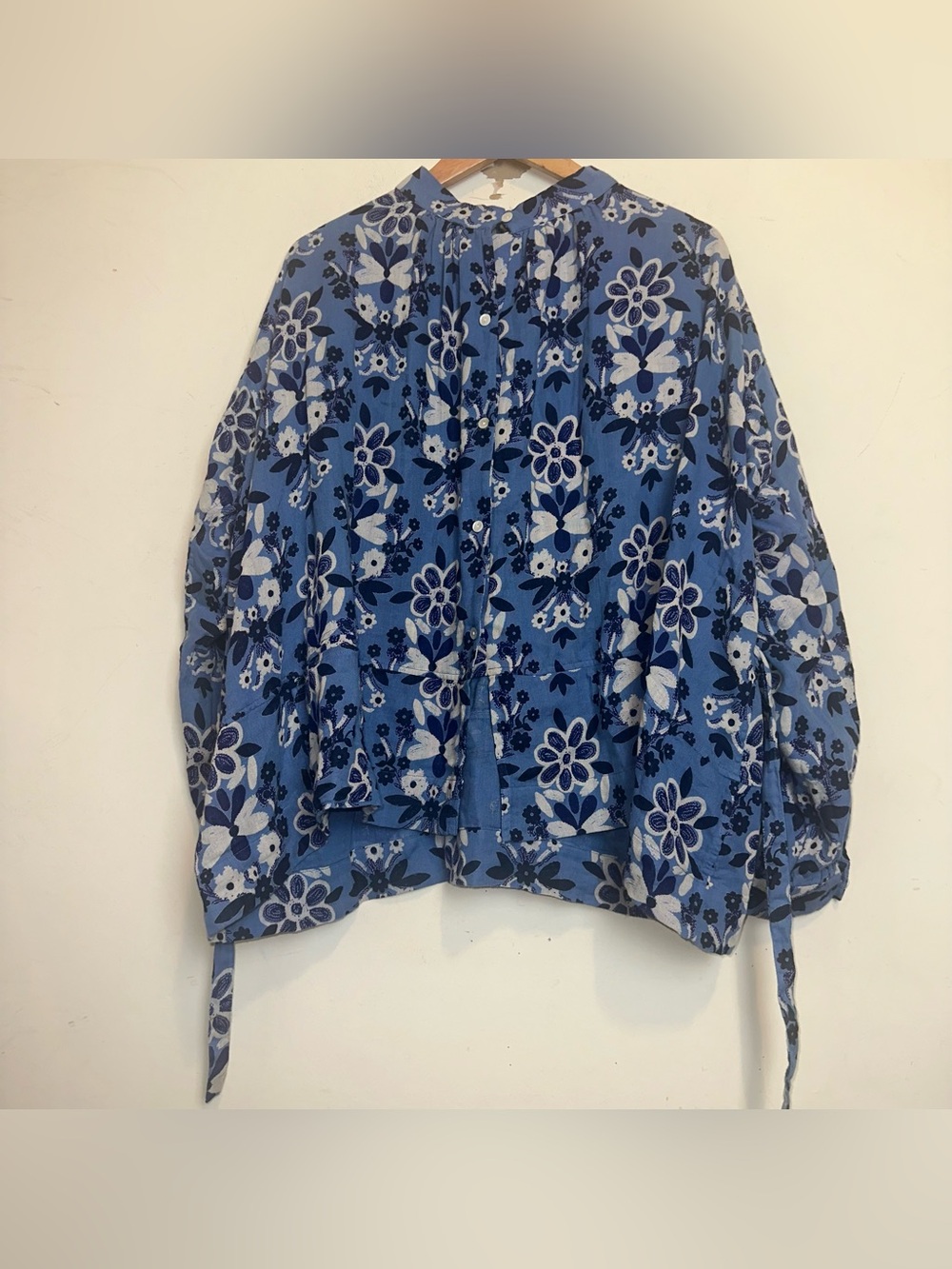 Fragonard Parfumeur Kimono Blouse Women’s TU Floral Blue Band Collar Nautical
